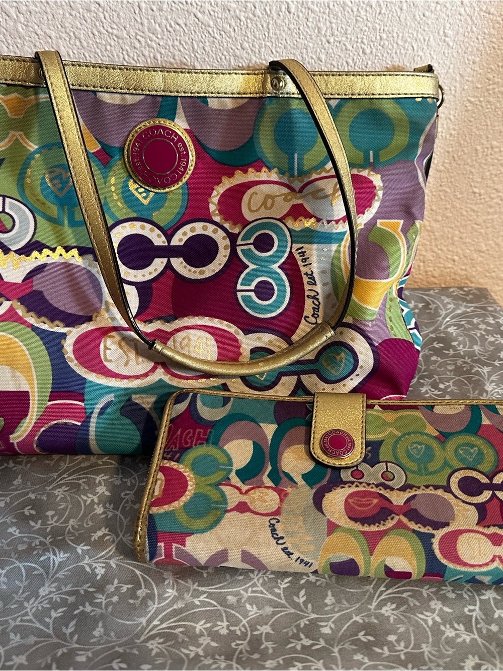 Coach Multicolor Circle-Print Tote with Matching Wallet - Gold Trim